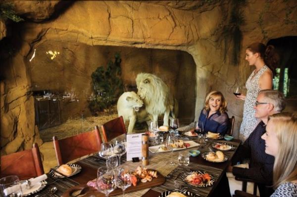 Jamala’s prized white lions join guests for dinner inside the Rainforest Cave.
